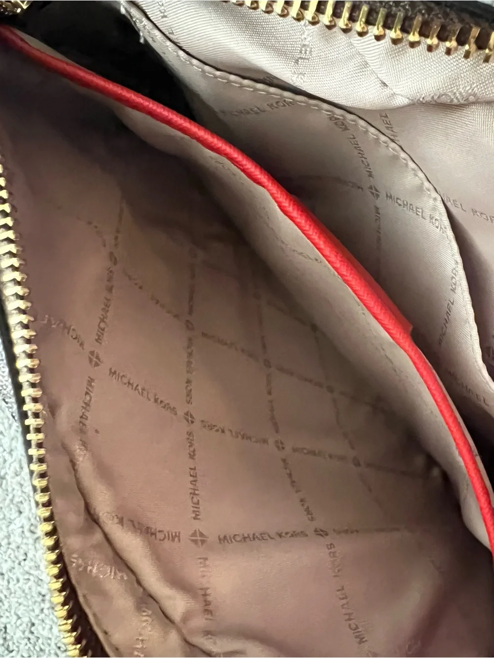 Michael Kors Brown Monogram Crossbody with Red Trim and Gold Chain